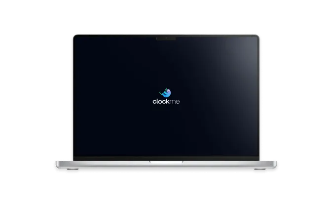 Clock Me logo on a phone and laptop, surrounded by various icons